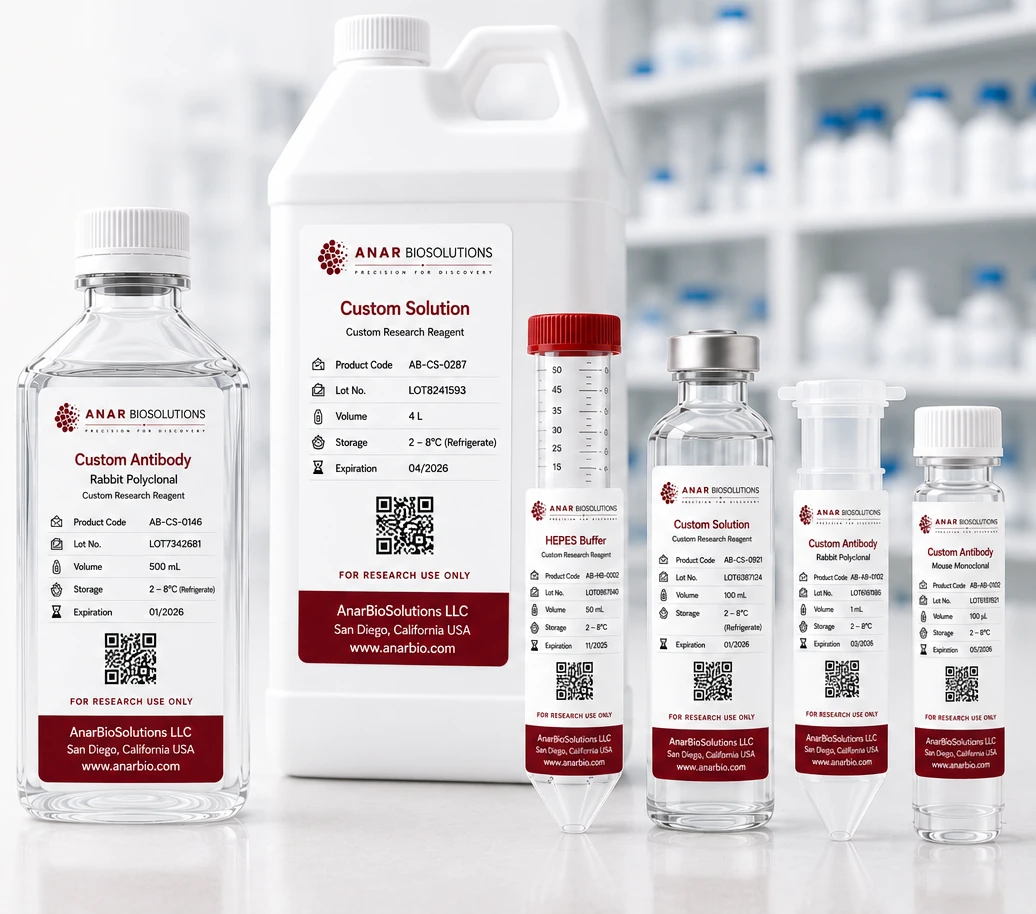 AnarBioSolutions custom reagent manufacturing formats with product-code-based custom labels, including a 4 L carboy, 500 mL custom antibody bottle, HEPES buffer tube, custom research reagent vial, and custom antibody containers